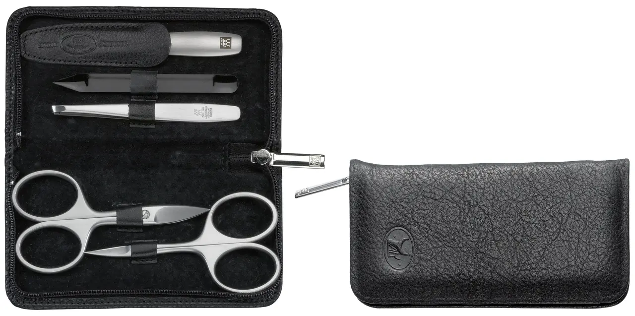 Zwilling Beauty Premium manikúra Yak, kožené pouzdro se zapínáním na zip, 5 ks (2x nůžky), černá 98681-004