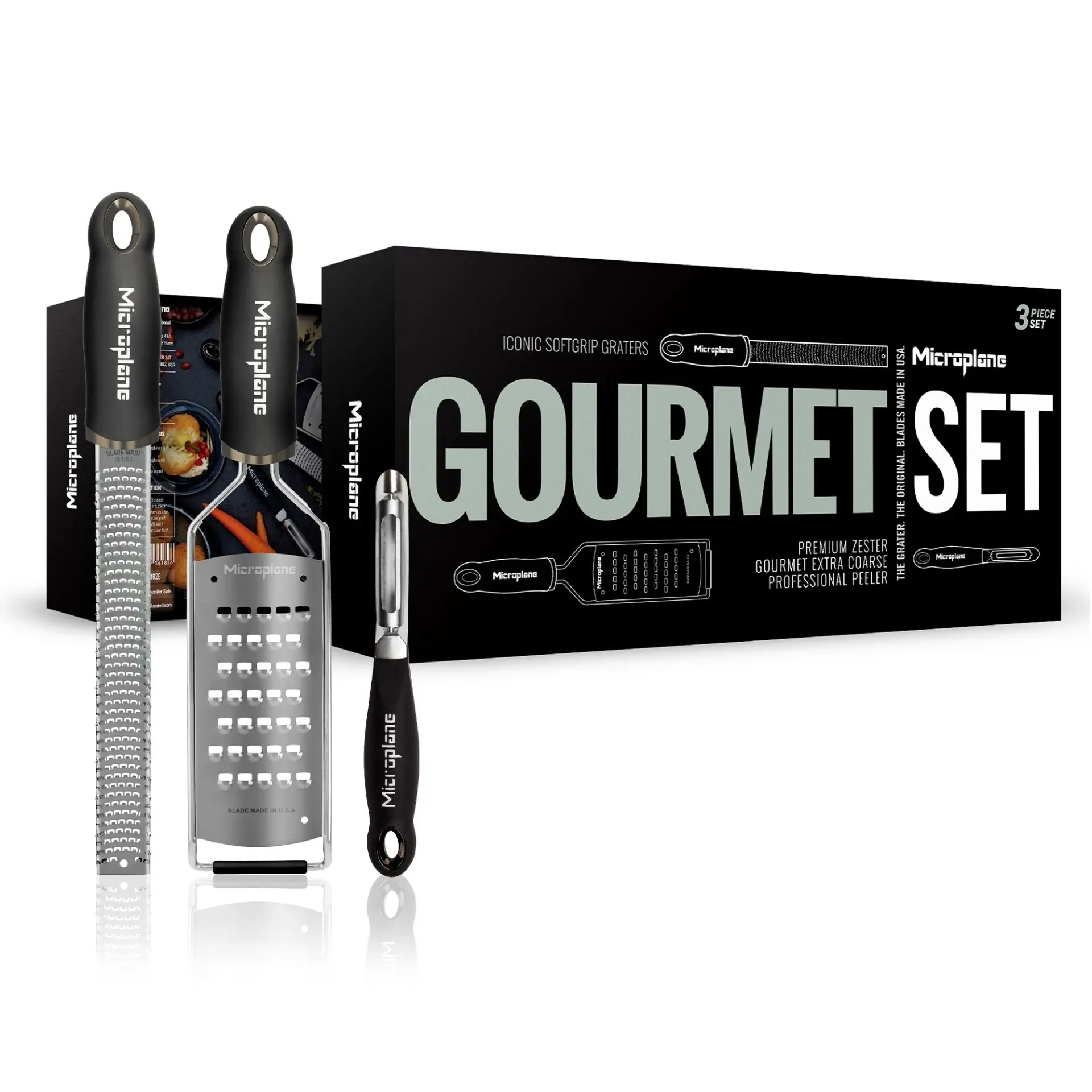 Microplane Dárková sada: 2 struhadla Gourmet (jemné a hrubé struhadlo) a ergonomická škrabka 36182