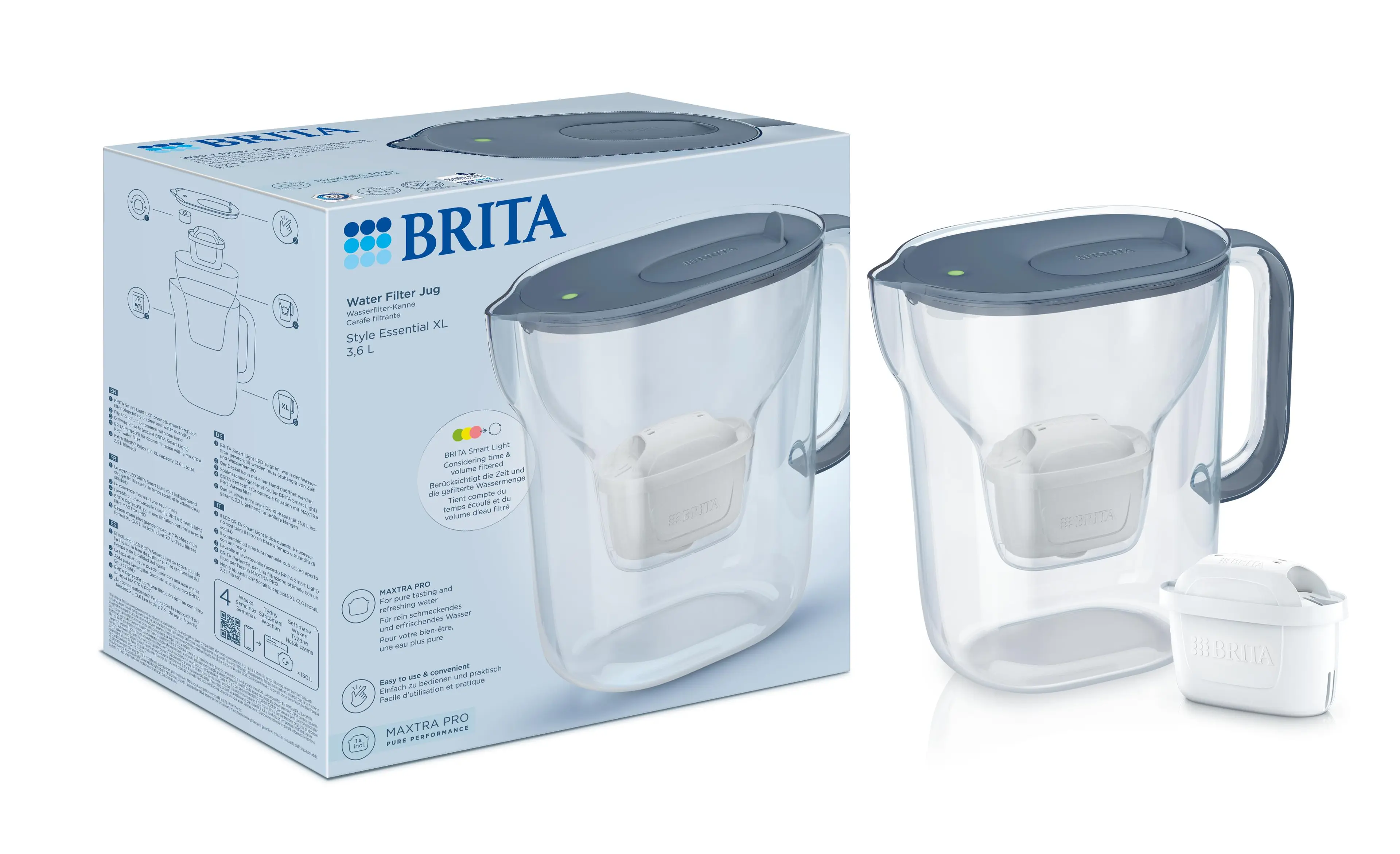 Brita Filtrační konvice Style Essential XL s filtrem Maxtra Pro Pure Performance, 3,6 l, šedomodrá 1057786