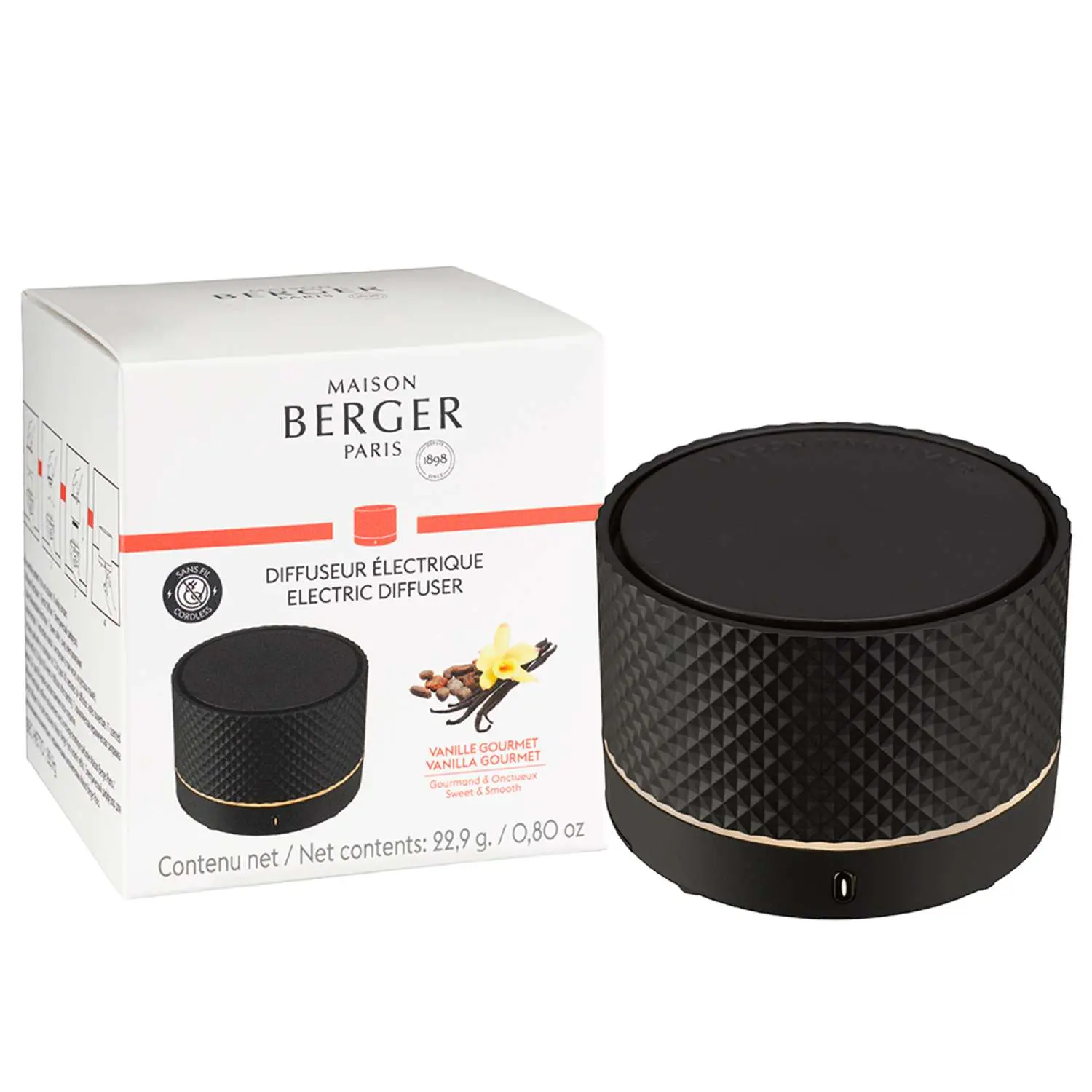 Maison Berger Paris Bezdrátový elektrický difuzér Nomade s náplní Vanilla gourmet, Ø 8 cm, černý 7038