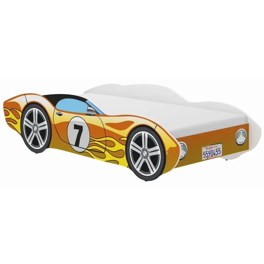 Žlutá dětská postel auto CORVETTA s plameny - 140x70
