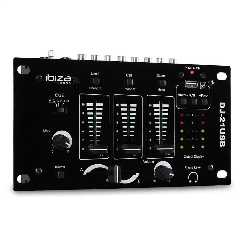 3/2-kanálový mixpult Ibiza DJ-21, USB, talkover, párty