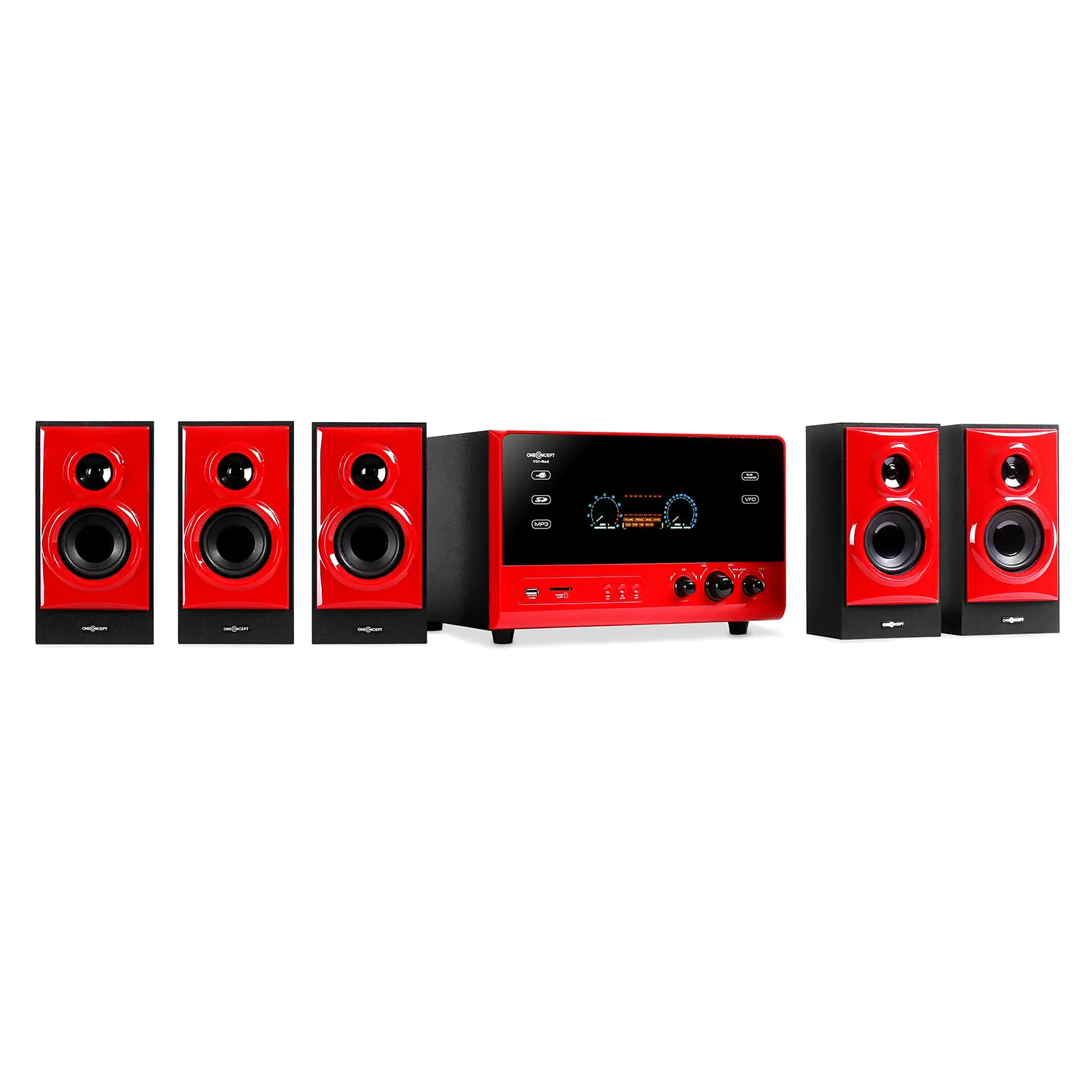 OneConcept V51, aktivní 5.1 systém, USB, SD, AUX, červený