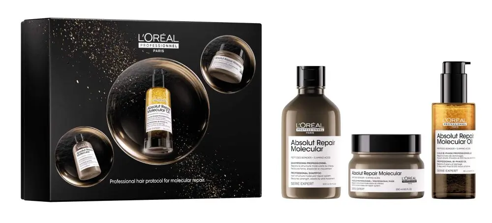 L’Oréal Professionnel Absolut Repair Molecular sada pro poškozené vlasy – šampon 300 ml + maska 250 ml + olej 90 ml