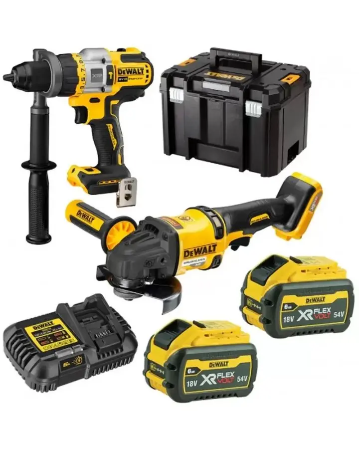 DeWALT - 18V AKU sada příklepové vrtačky a úhlové brusky 125 mm, 2x aku 6,0/2,0 Ah FLEXVOLT, nabíječka DCK2016T2T
