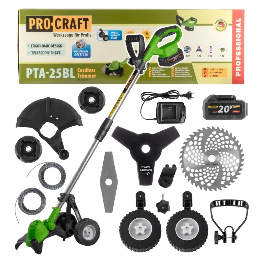 Procraft PTA-25BL-1B 20V SET - akumulátorový vyžínač (s 3,0 Ah akumulátorem a nabííječkou)