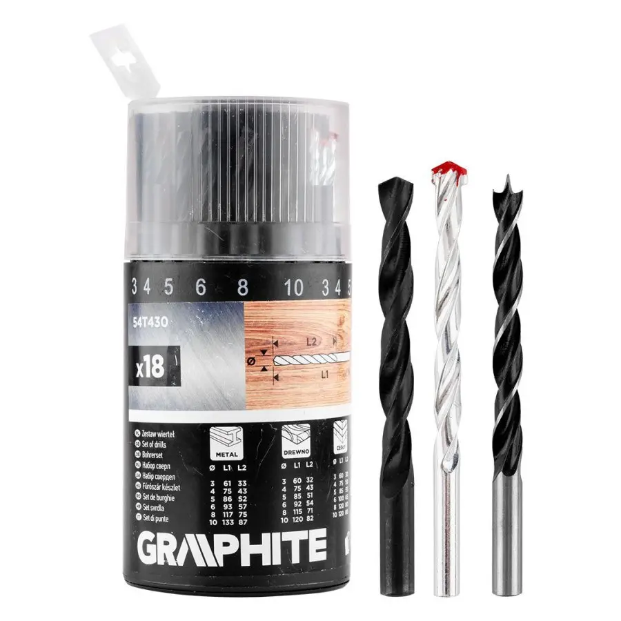 Univerzální sada vrtáků GRAPHITE 54T430 – 18 kusů pro kov, dřevo a cihlu