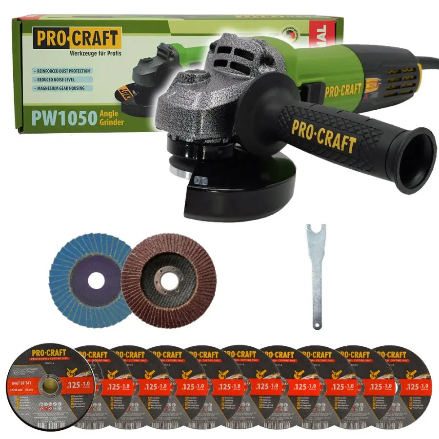 PROCRAFT SPW1050 úhlová bruska 125mm + 10x řezný a 2x lamelový kotouč, 850W