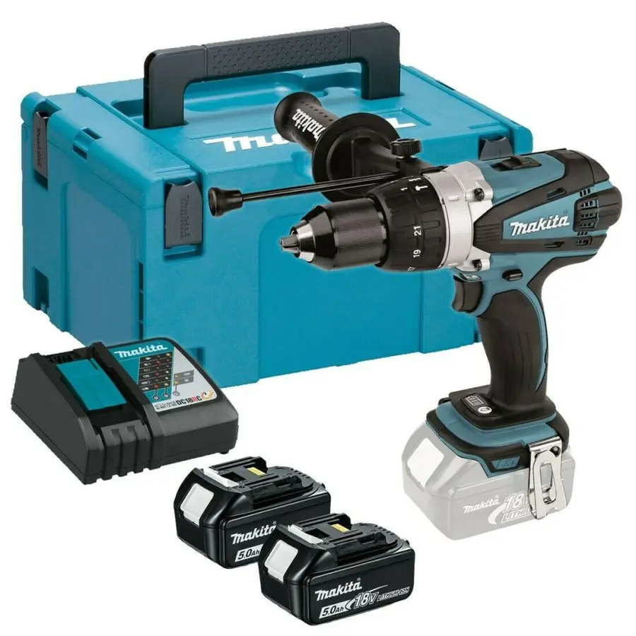 Makita - 18V AKU vrtací šroubovák s příklepem, 2x aku 5,0 Ah, nabíječka DHP458RTJ