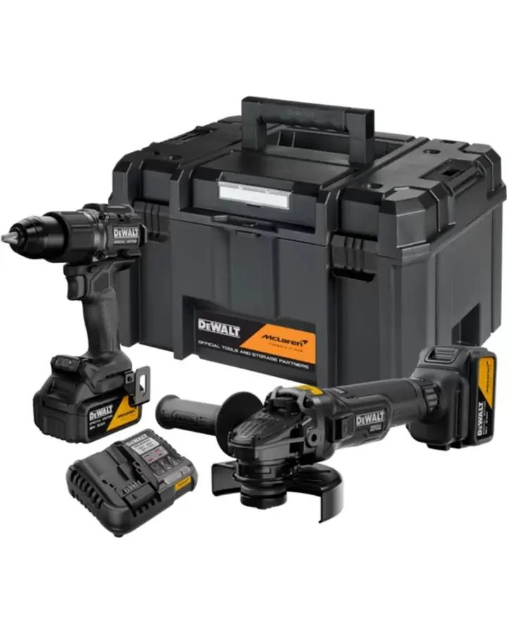 DeWALT - 18V AKU sada příklepové vrtačky a úhlové brusky, McLaren, 2x aku 5,0 Ah Li-Ion XR, nabíječka DCK2223MP2T