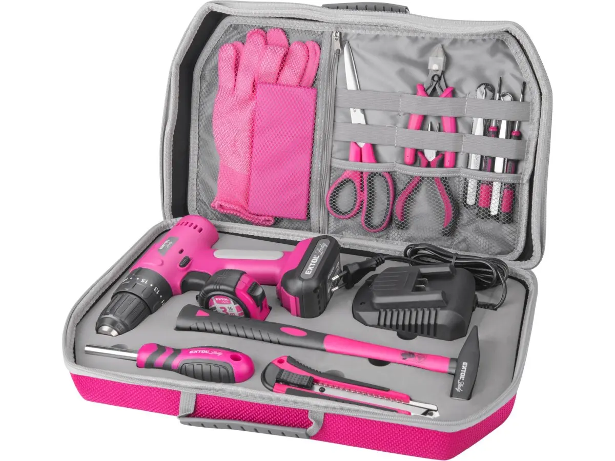 Vrtací šroubovák aku s příklepem, růžový, 12 V Li - ion, 2000 mAh, v kufru s nářadím, sada 27 ks EXTOL LADY 402403