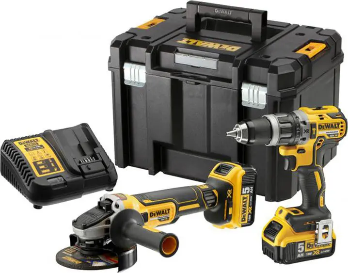 DeWALT - 18V AKU sada vrtačky a úhlové brusky, 2x aku 5,0 Ah XR, nabíječka DCK2080P2T