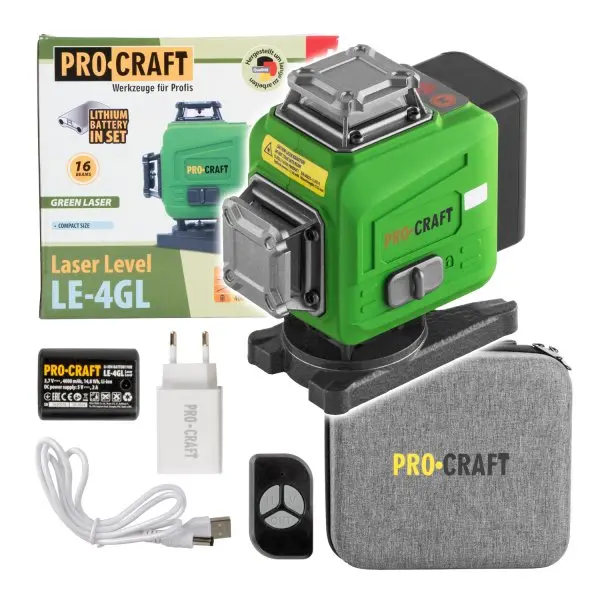PROCRAFT LE-4GL křížový samonivelační 3D laser 4x 360° 40m zelený LiIon 1x4Ah