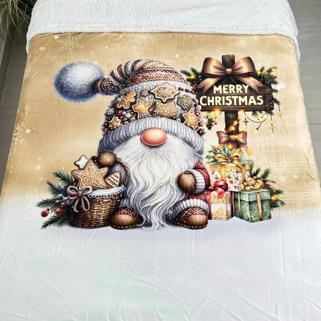 Vánoční deka luxury beránková z mikroplyše Gnome gold 150x200cm TiaHome