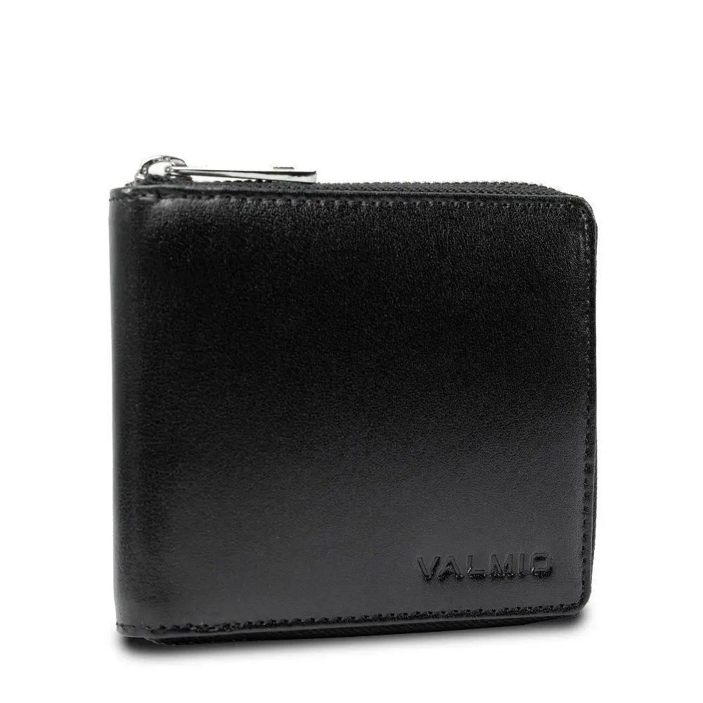 VALMIO Černá kožená peněženka na zip Černá