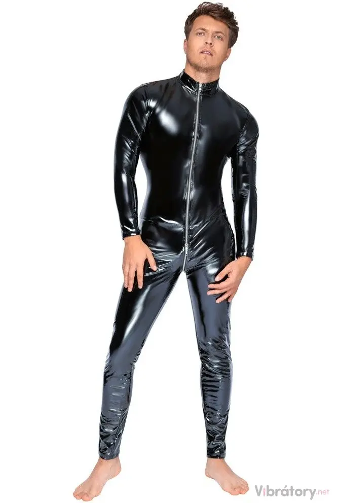 Lakovaný celotělový pánský overal s trojcestným zipem Black Level, S