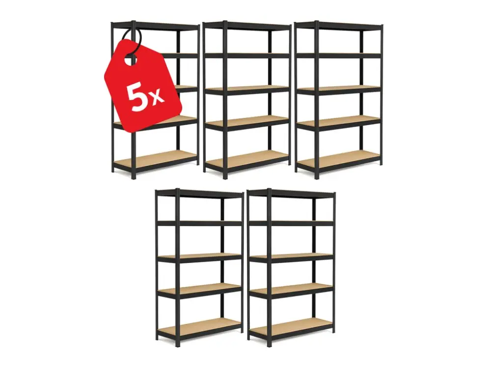 Regál 1800x750x400 mm lakovaný 5-policový, nosnost 875 kg - černý - 5ks