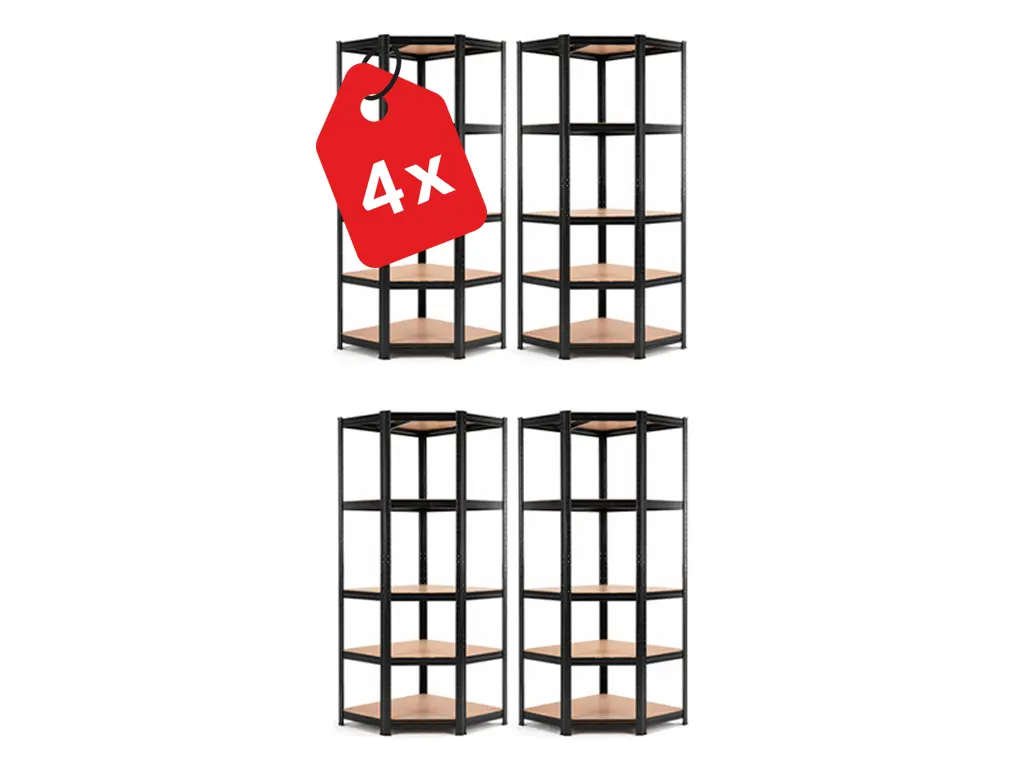 Regál 1800x900x400 mm rohový lakovaný 5-policový, nosnost 875 kg - černý - 4ks