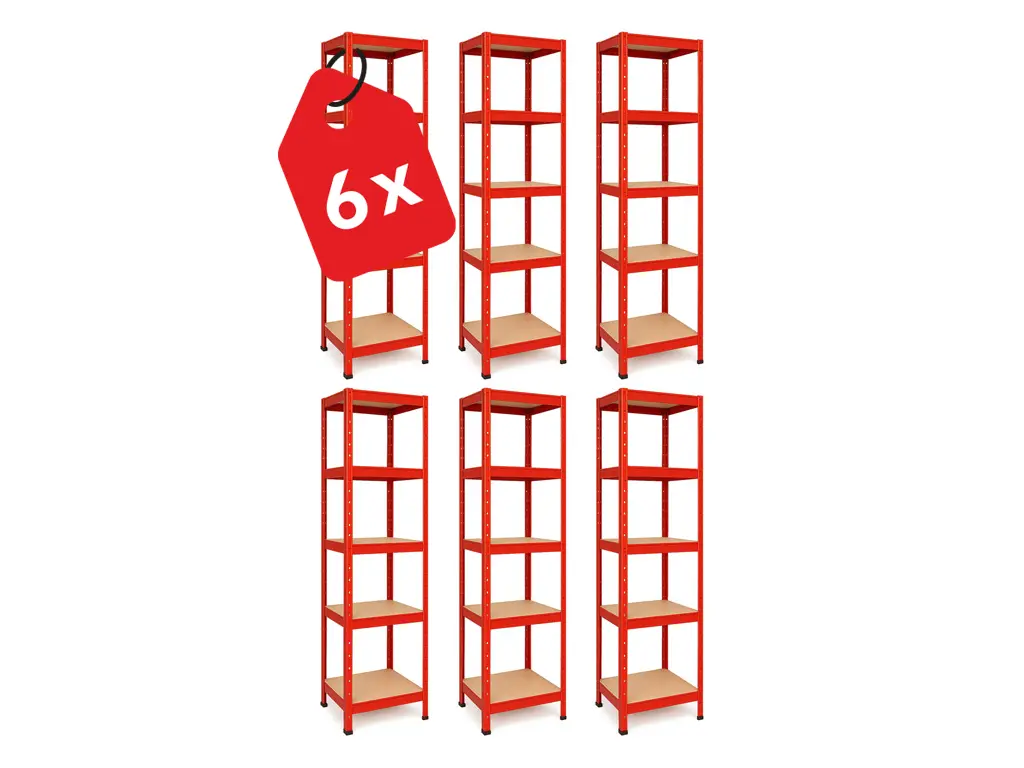 Regál 1800x400x400 mm lakovaný 5-policový, nosnost 875 kg - červený - 6ks