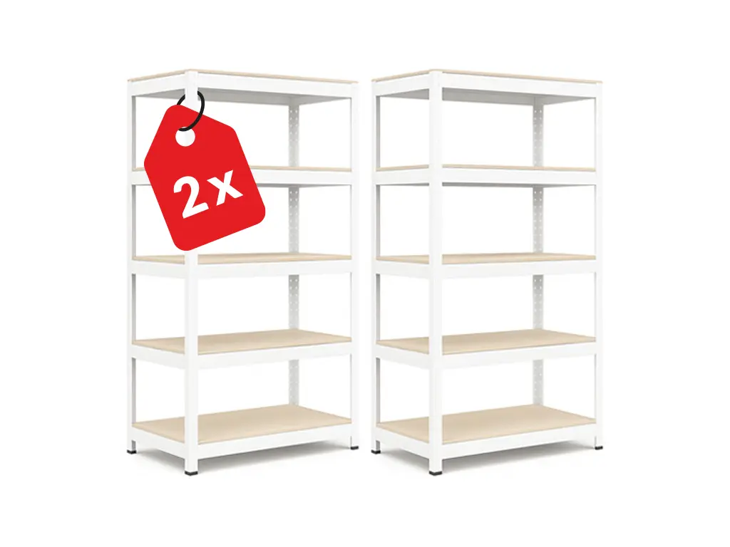 Regál 1830x900x400 mm lakovaný 5-policový, nosnost 1000 kg, RIVET - bílý - 2ks