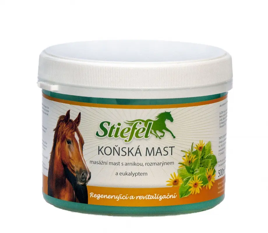 Koňská mast (Pferdesalbe) (Stiefel Koňská mast, regenerující a revitalizující přípravek pro namožené svaly a klouby, balení 500 g)