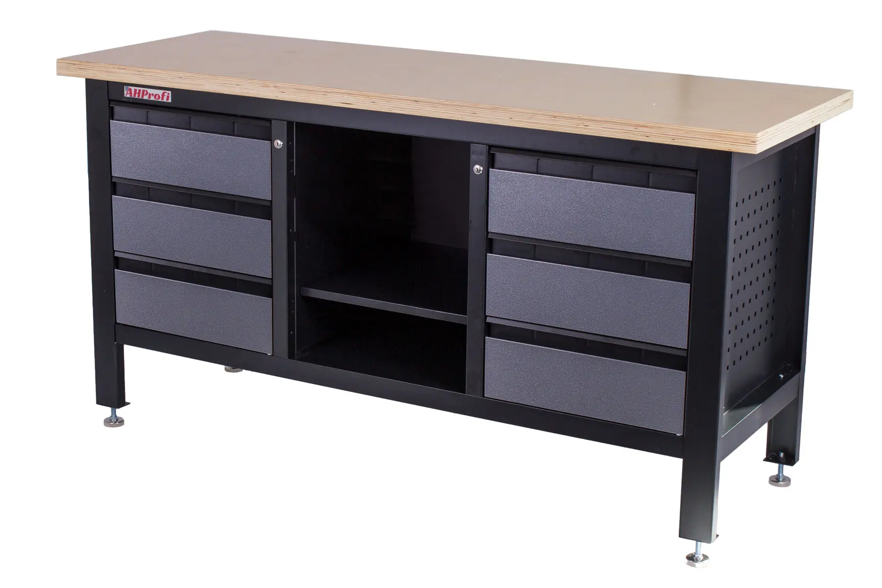 Dílenský ponk s dřevěnou pracovní deskou, 6 zásuvek, police - TSK7506-LS