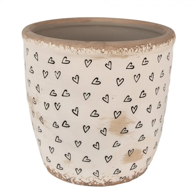 Béžový keramický obal na květináč se srdíčky Hearti L - Ø 16*16 cm Clayre & Eef