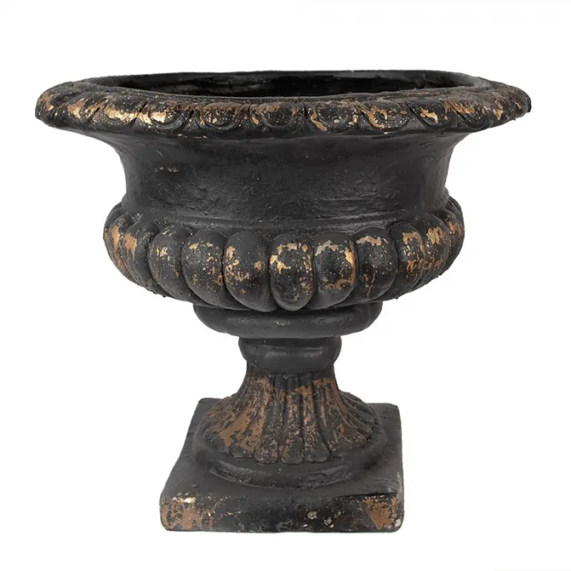 Černý keramický obal na květináč se zlatým odřením na podstavci – 52x47 cm