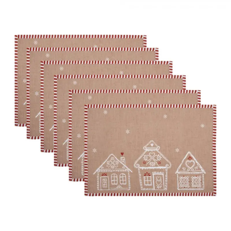 6ks hnědé prostírání s perníkovými chaloupkami Gingerbread Bliss - 48*33 cm Clayre & Eef