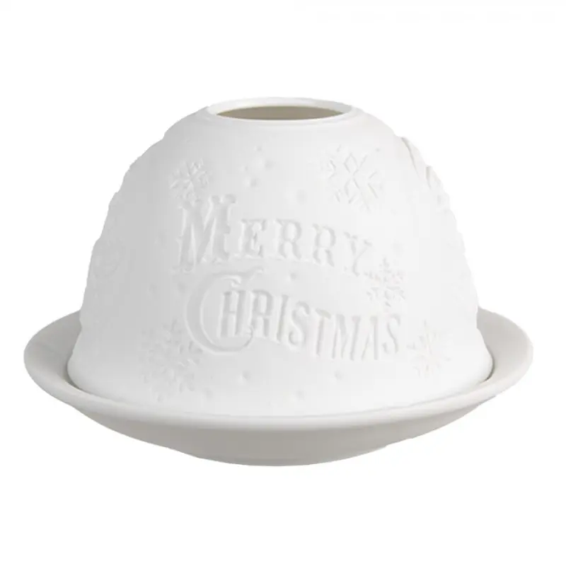 Bílý porcelánový svícen na čajovou svíčku sněhové vločky s nápisem Merry Christmas – 12x8 cm