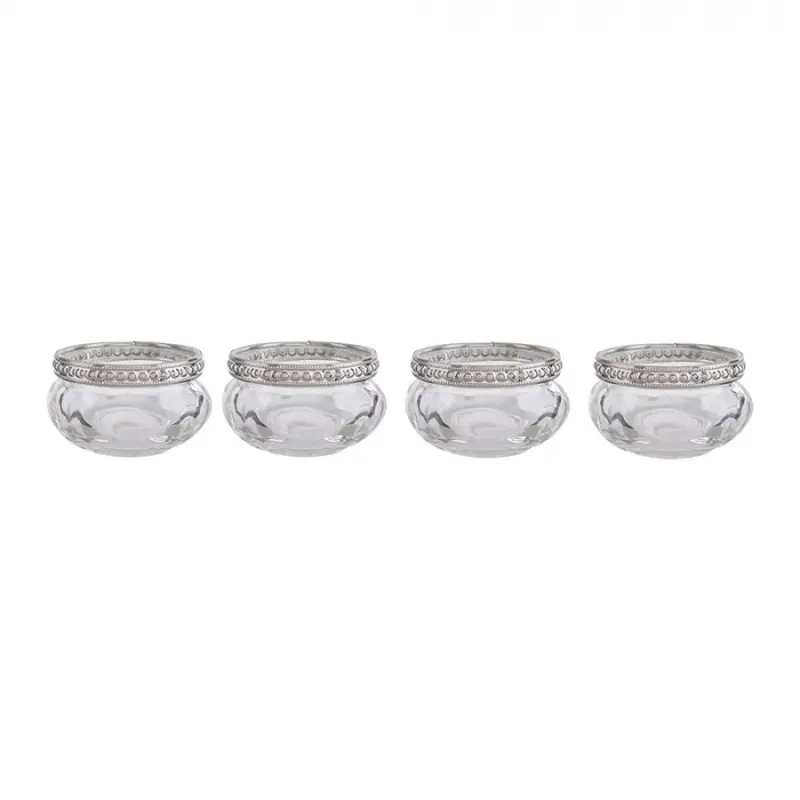 Set 4 skleněných transparentních svícnů na čajovou svíčku se stříbrným dekorem – 6x3 cm