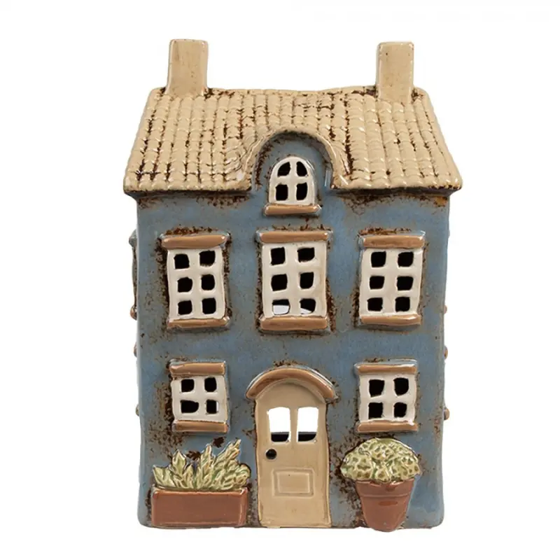 Modrý keramický svícen na čajovou svíčku domek Amster Village - 16*10*23 cm Clayre & Eef
