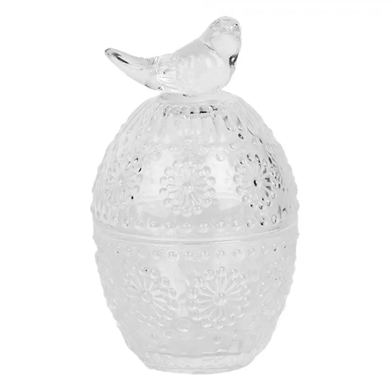 Broušená skleněná dóza ve tvaru velikonočního vejce s ptáčkem na víčku Gerjanne – 9x16 cm
