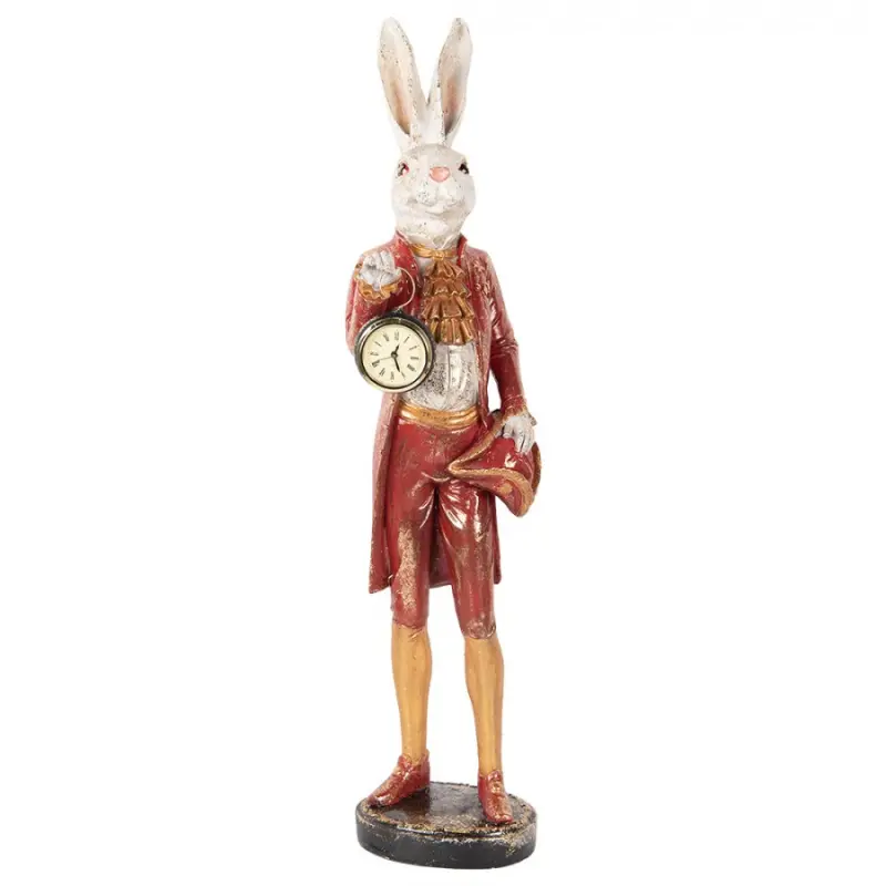 Velká vintage dekorace bílý zajíc v červeném saku s funkčními kapesními hodinkami – 72 cm