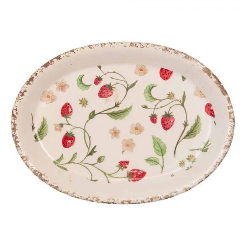Keramický oválný podnos s jahůdkami Wild Strawberries - 25*18*3cm Clayre & Eef
