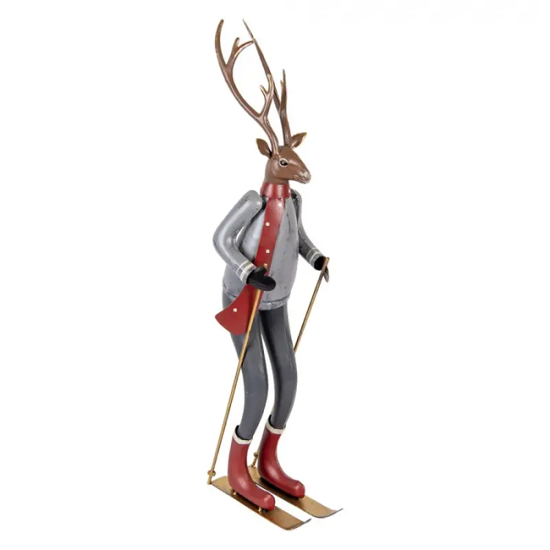 Šedo-hnědá antik kovová dekorace jelen na lyžích Deer - 19*15*65 cm Clayre & Eef