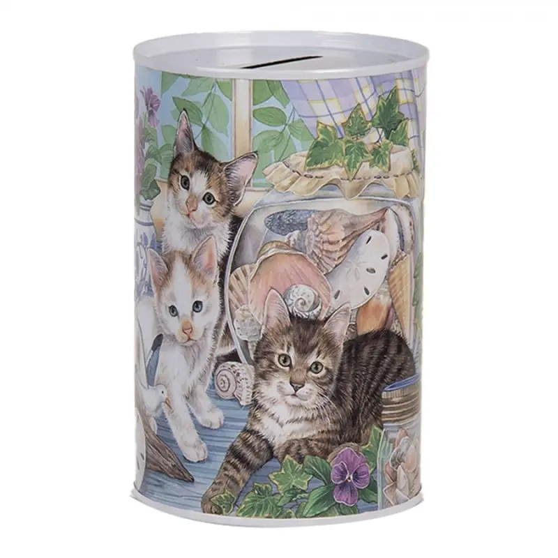 Modro-bílá plechová kasička s kočičkami na okenním parapetu – 8x13 cm