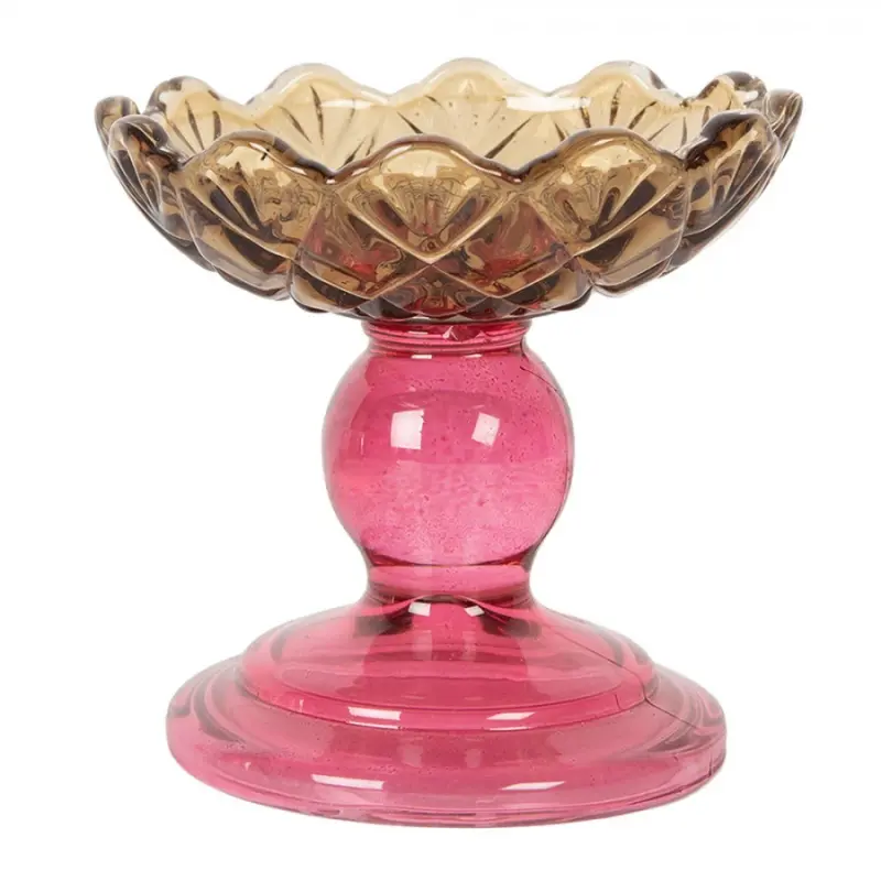 Růžovo-žlutý skleněný svícen květina Colorful Garden - Ø 10*9 cm Clayre & Eef