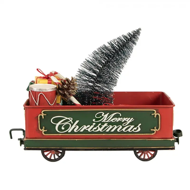 Červený retro model vagón s dárky a stromkem Christmas - 31*15*25 cm Clayre & Eef