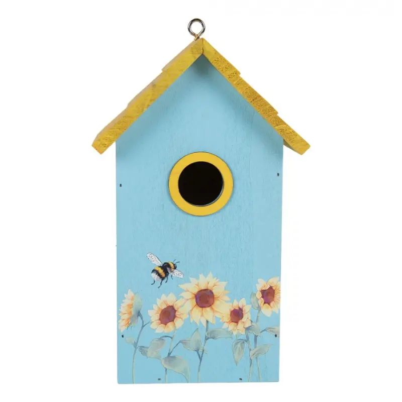 Modro-žlutá dřevěná ptačí budka se slunečnicemi Birdhouse - 15*10*22 cm Clayre & Eef
