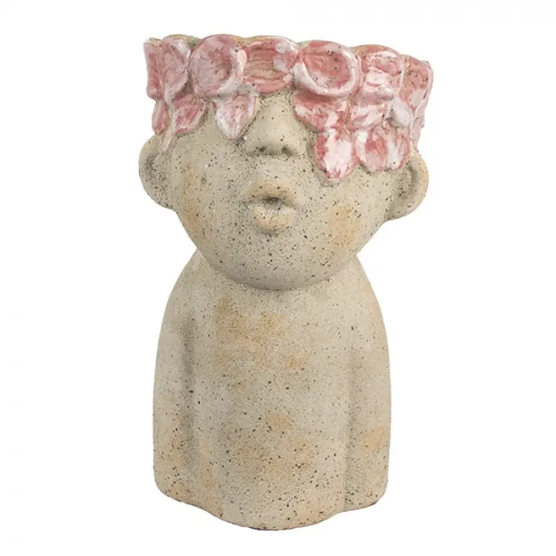 Cementový květináč hlava s květinami s růžovou glazurou Tete M – 16x15x25 cm