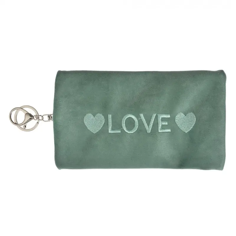 Zelená kosmetická taštička s karabinou na klíče a nápisem Love – 19x11 cm