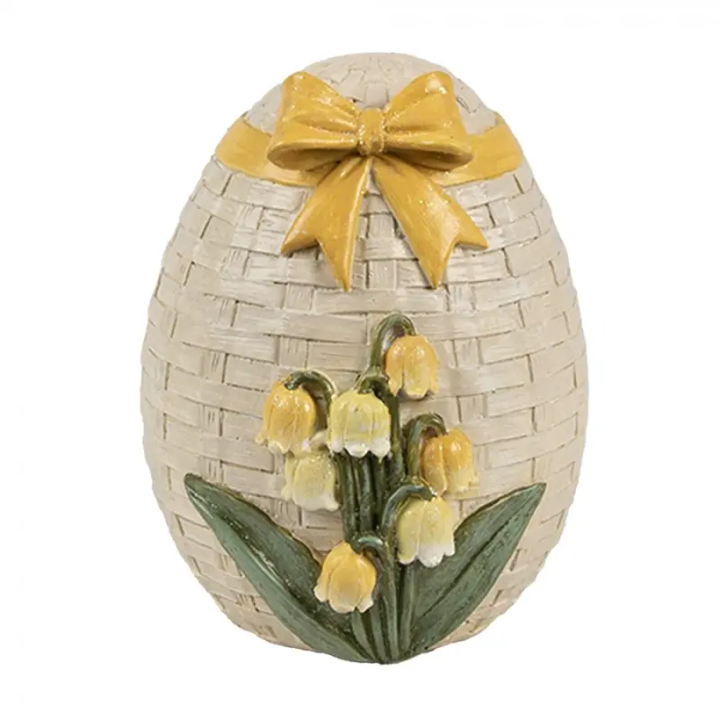 Dekorace béžové vajíčko se žlutou mašlí a kytičkou – 9x8x10 cm