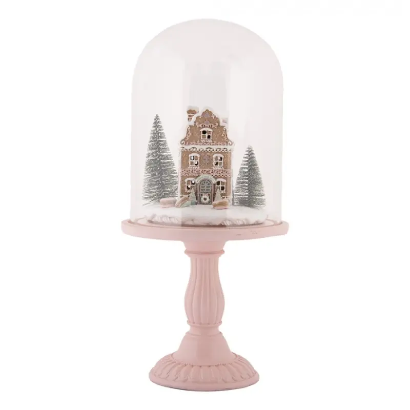 Vánoční dekorace perníkový domeček pod skleněným poklopem na růžovém podstavci – 18x36 cm