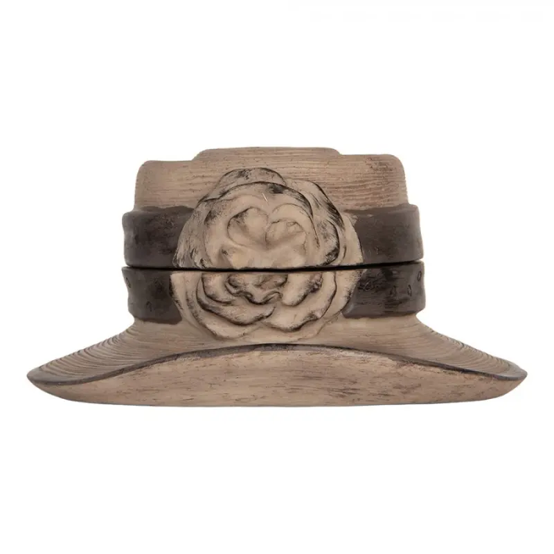 Hnědá šperkovnice klobouk s ozdobnou květinou – 22x11 cm