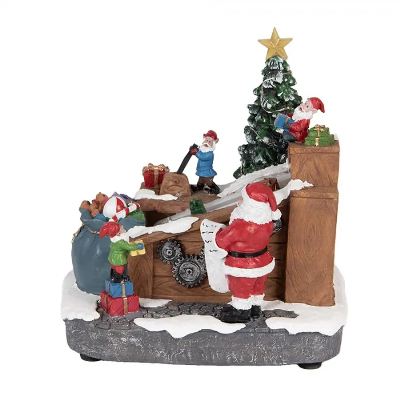 Vánoční hrací dekorace továrna Santa Clause na dárky s LED osvětlením – 20x16x20 cm