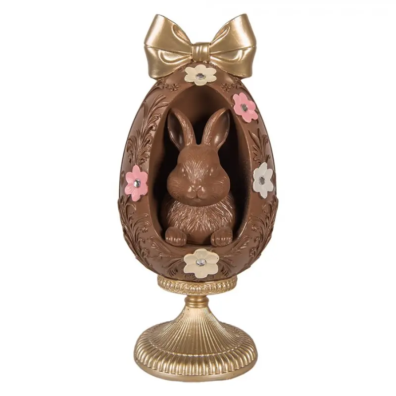 Dekorace hnědé vajíčko na podstavci se zajíčkem a květy Zoete Pasen – 12x26 cm