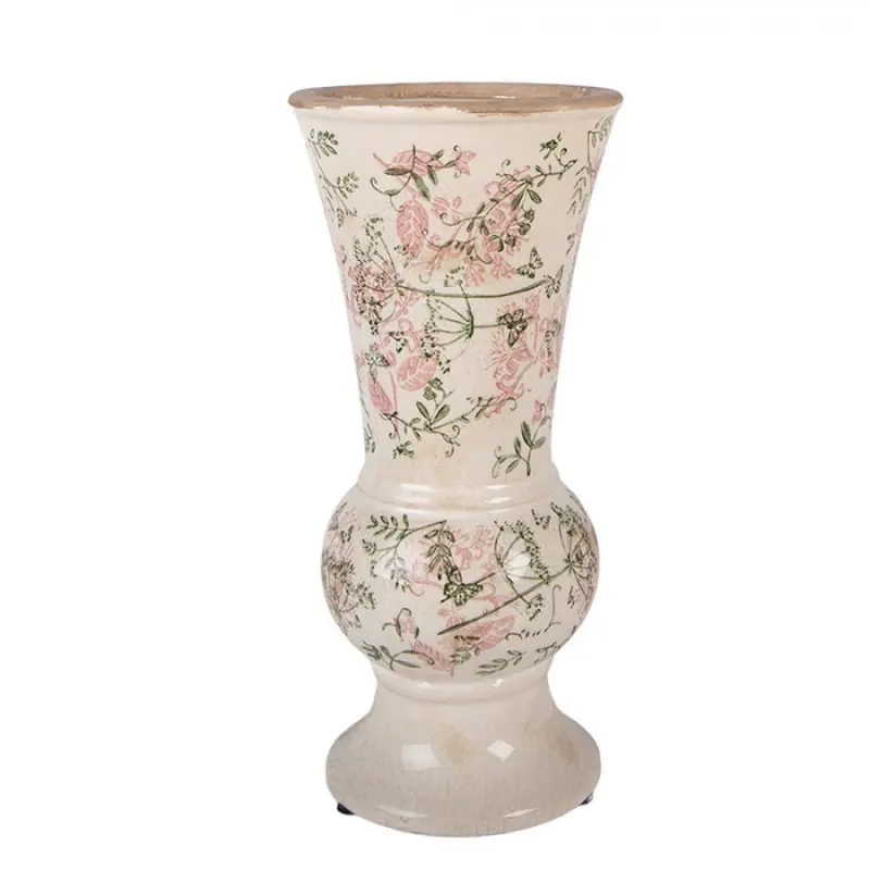 Béžová antik keramická váza s květy M - Ø 15*32 cm Clayre & Eef