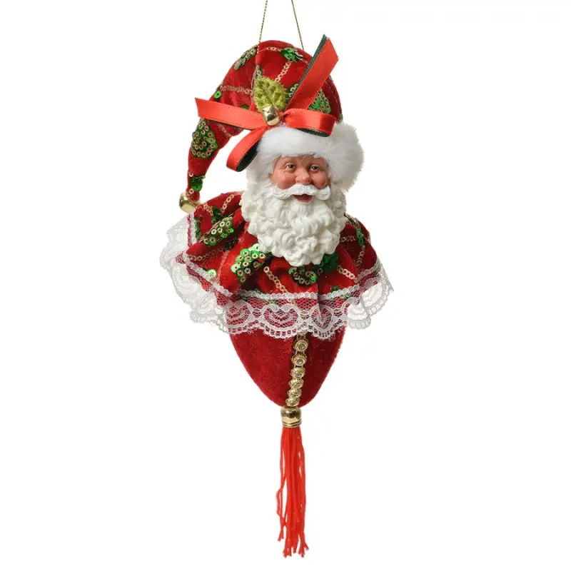 Červeno-zelená závěsná dekorace Santa Claus se střapcem – 35 cm