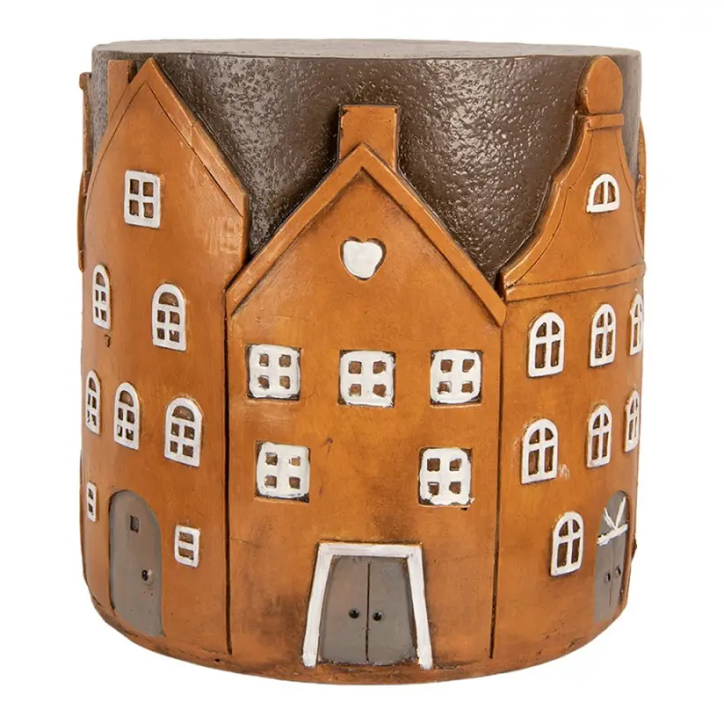 Hnědý cihlový odkládací stolek s domky Amster - Ø 39*40 cm Clayre & Eef